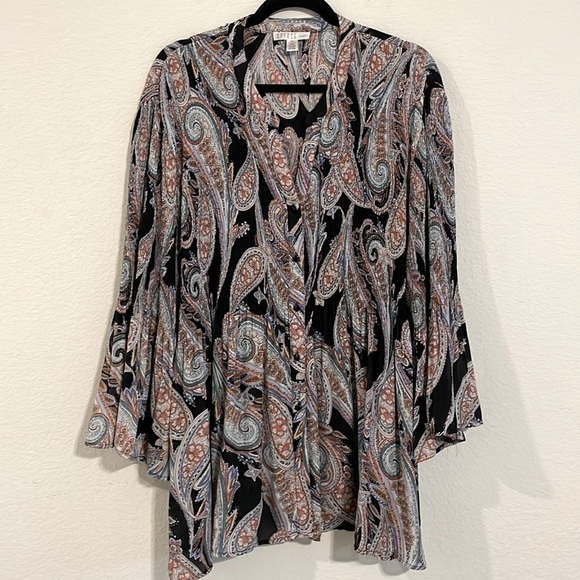 Spense Women's Button Front Shirt 3X Black Paisley Stretch Smock Body Longline - Picture 1 of 11